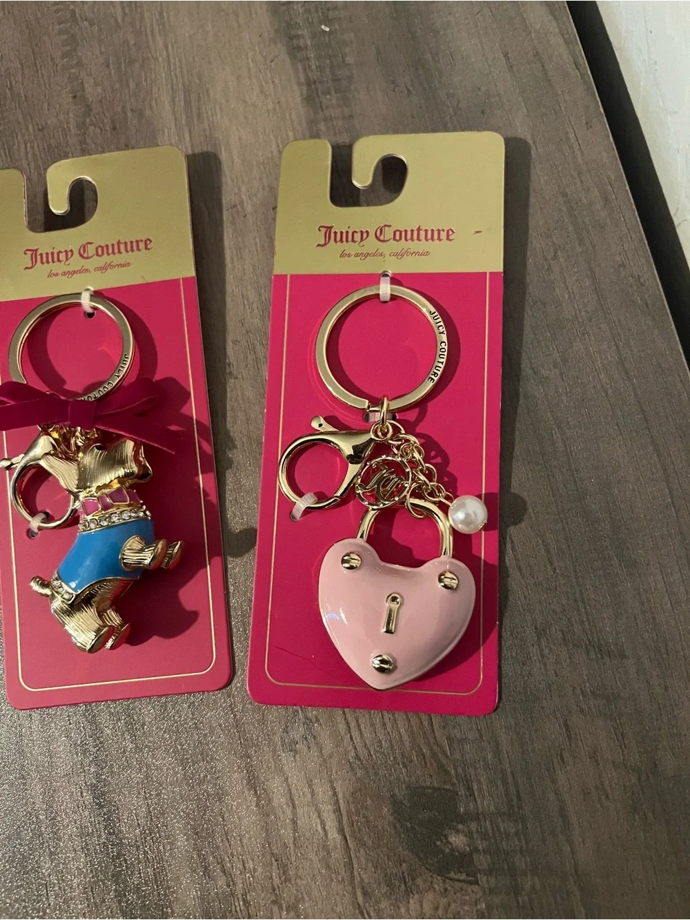Juicy Couture Pink & Gold Bow, Juicy Script, Dog & Heart Lock Keychain Set